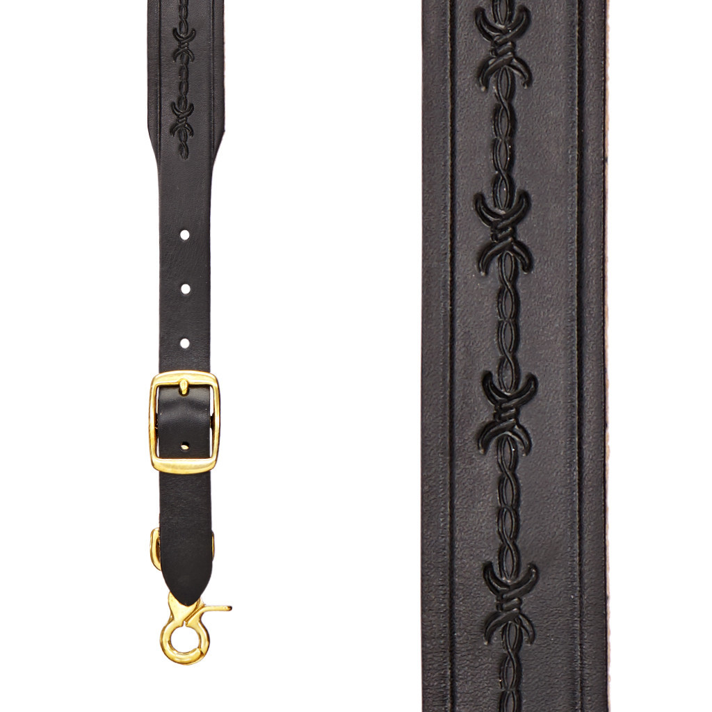 Barbed Wire Western Leather Suspenders - Black 1.5 Inch Wide