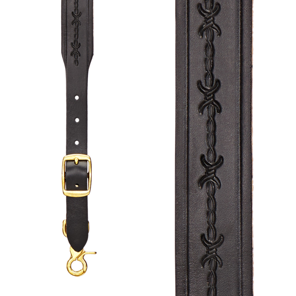 Barbed Wire 1.5 Inch Wide Western Leather Suspenders - BLACK