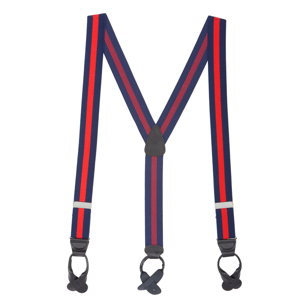 Full View - Navy/Red Striped Button Suspenders - 1.5 Inch Wide