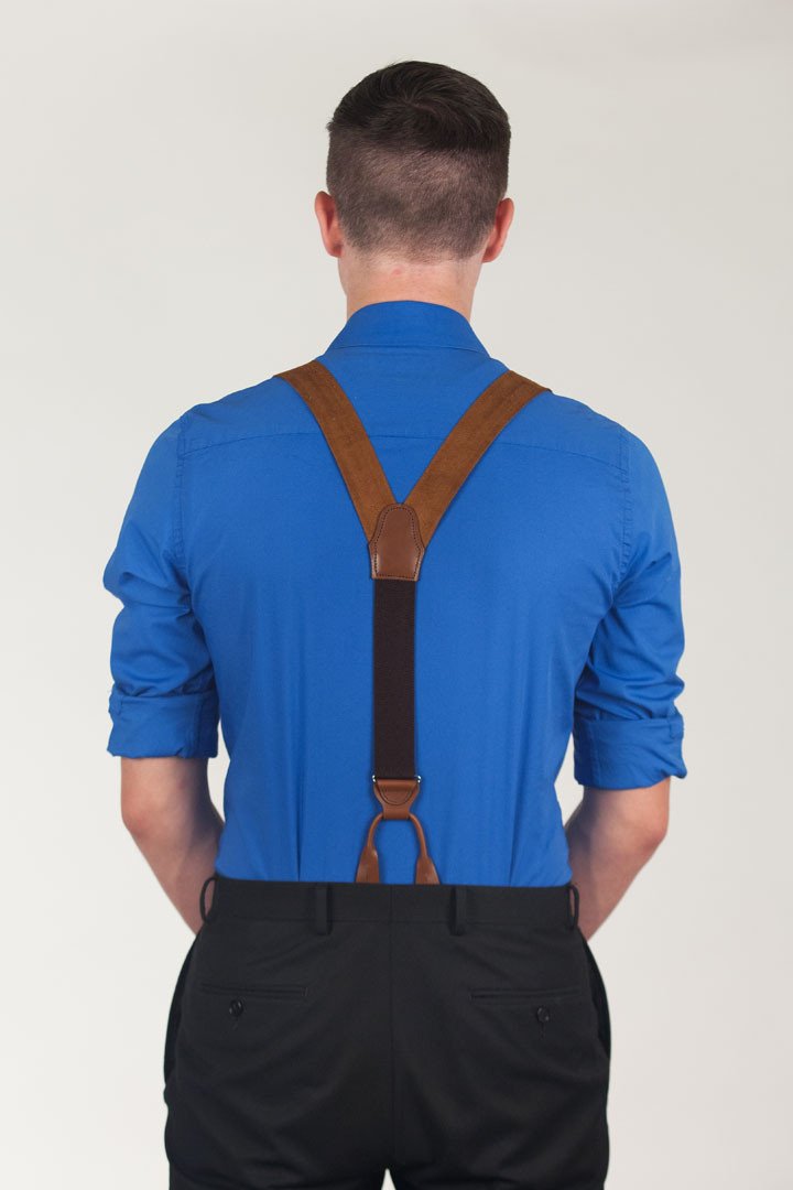 Suede Leather Y-Back Button-On Suspenders in Tan