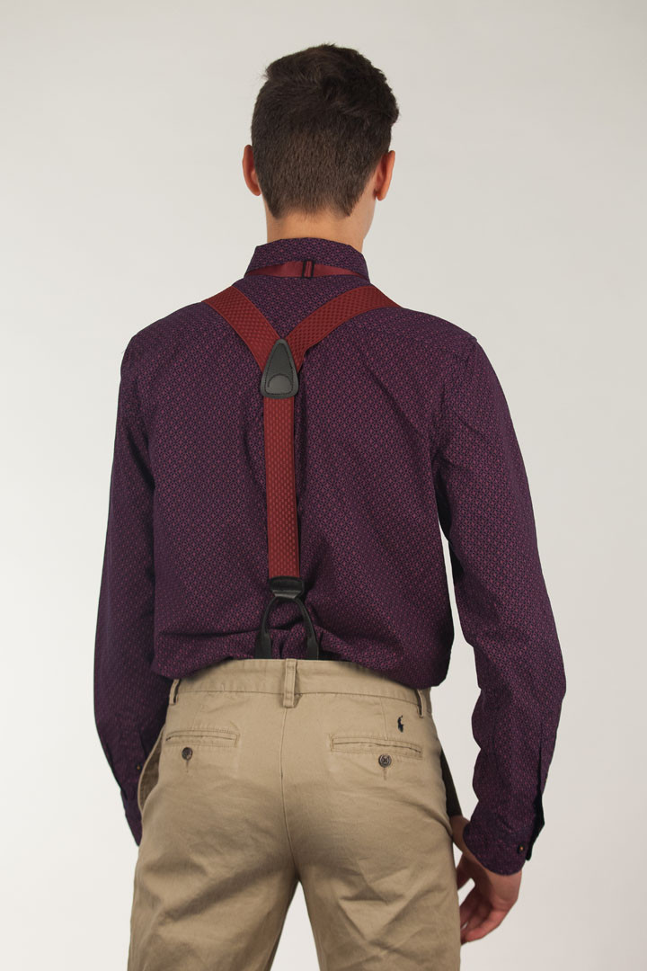 Model Wearing Jacquard Checkered Suspenders - Button Rear View