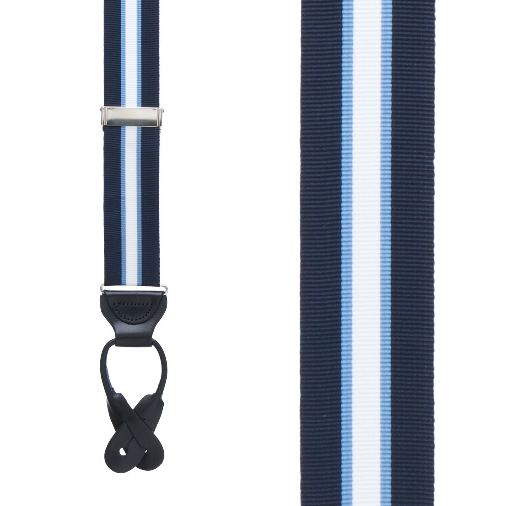 Grosgrain Button Suspenders - Navy Steel Stripe Front View