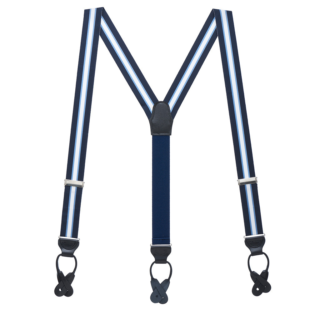 Grosgrain Button Suspenders - Navy Steel Stripe Full View