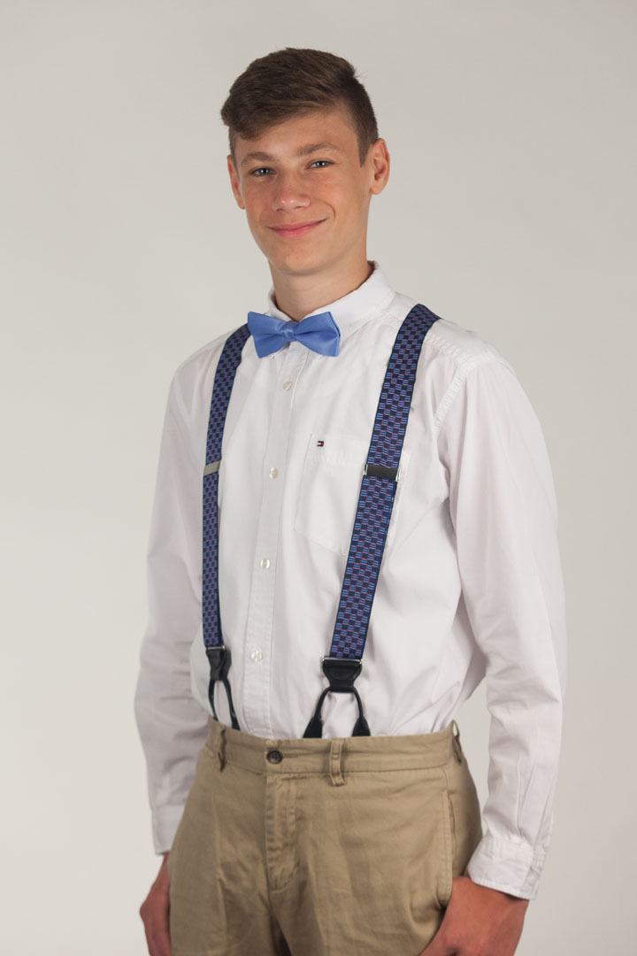 Model Wearing Navy Jacquard Tacoma Suspenders - BUTTON Front View