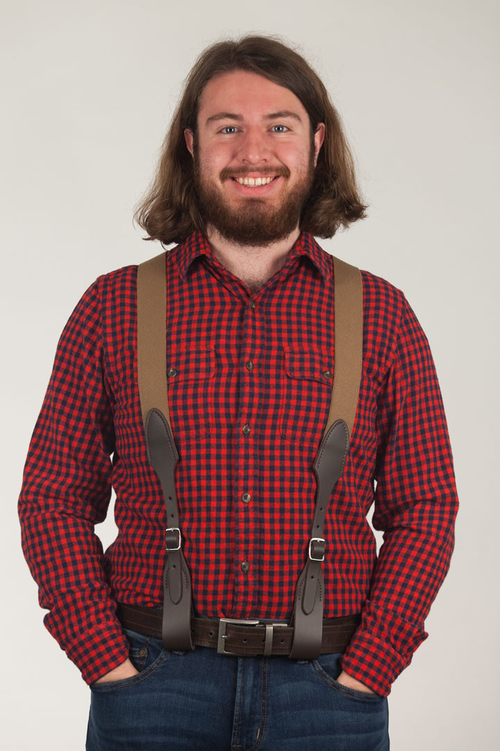 Model Wearing Rugged Comfort Suspenders - Belt Loop DESERT Front View