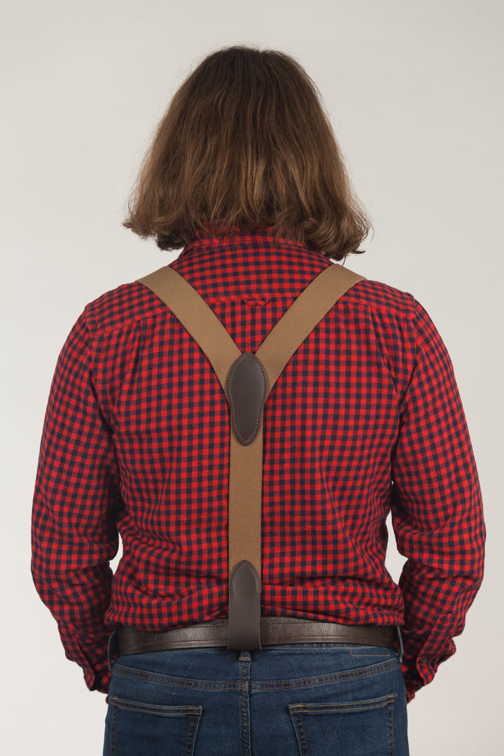 Model Wearing Rugged Comfort Suspenders - Belt Loop DESERT Rear View