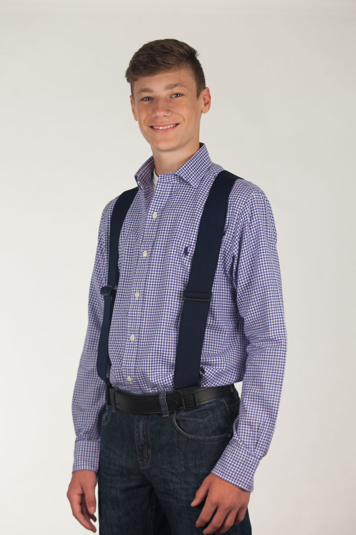 Model wearing Perry suspenders