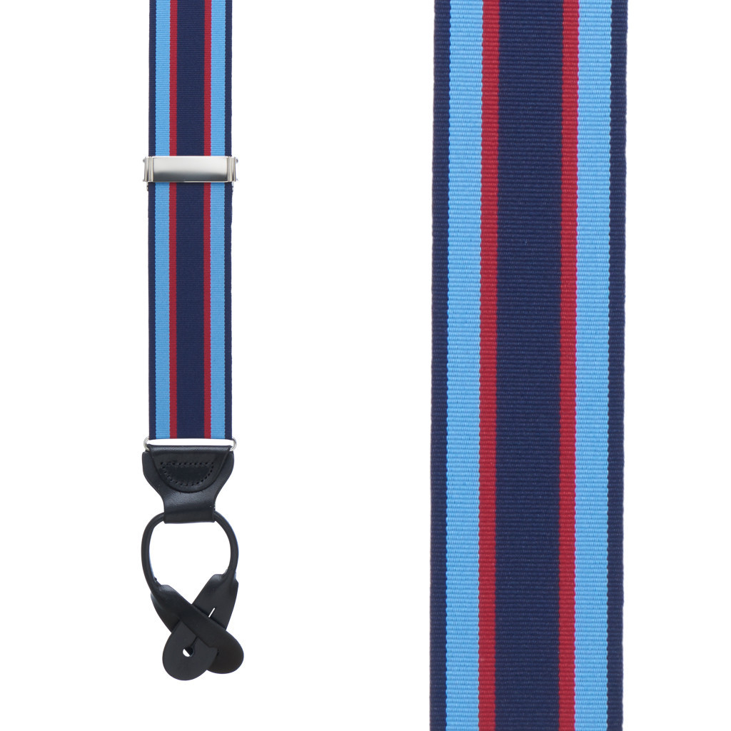 Grosgrain Button Suspenders - Navy Sky Red Stripe Front View