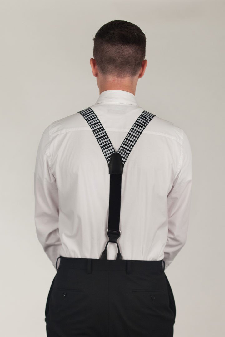 Model wearing suspenders