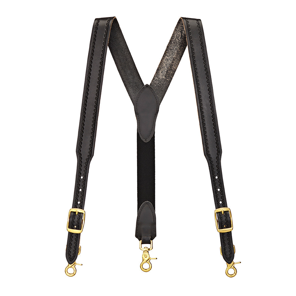 Border Stamped 1.5 Inch Wide Western Leather Suspenders - BLACK