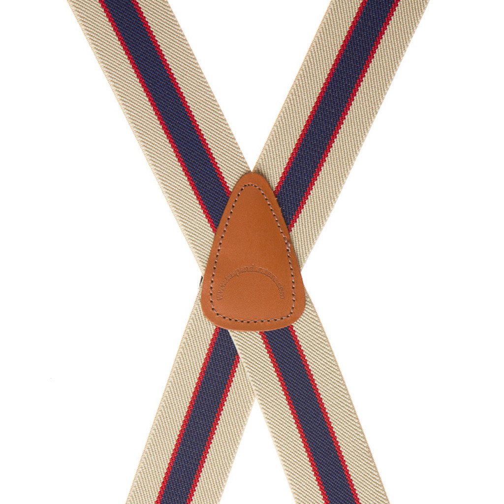 Striped Clip Suspenders in Khaki/Navy - Rear View