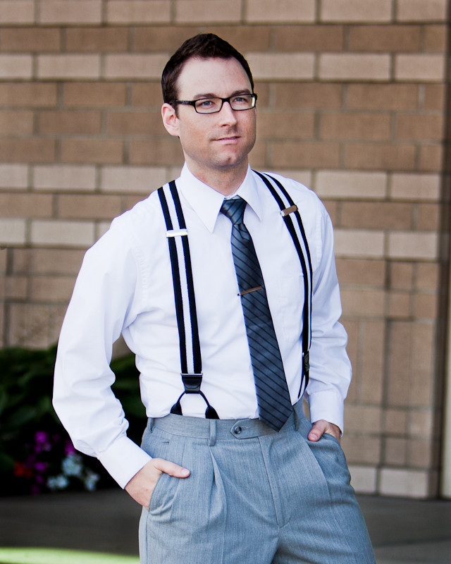 Model wearing suspenders