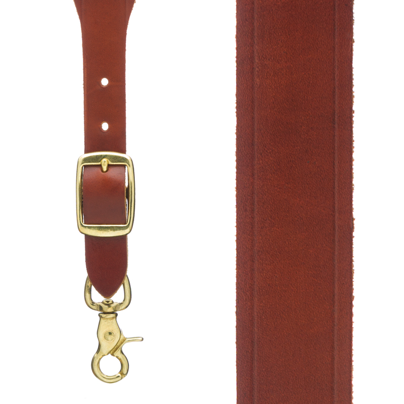 Plain w/Crease Handcrafted Western Leather Suspenders in Brown - Front View