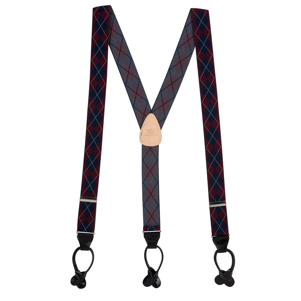 Argyle Button Suspenders in Burgundy - Full View