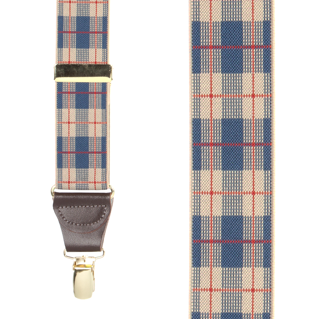 Beige Plaid Suspenders - 1.5 Inch Wide Clip - Front View