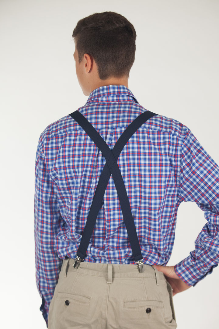 Model Wearing NAVY 1-Inch Small Pin Clip Suspenders Rear View