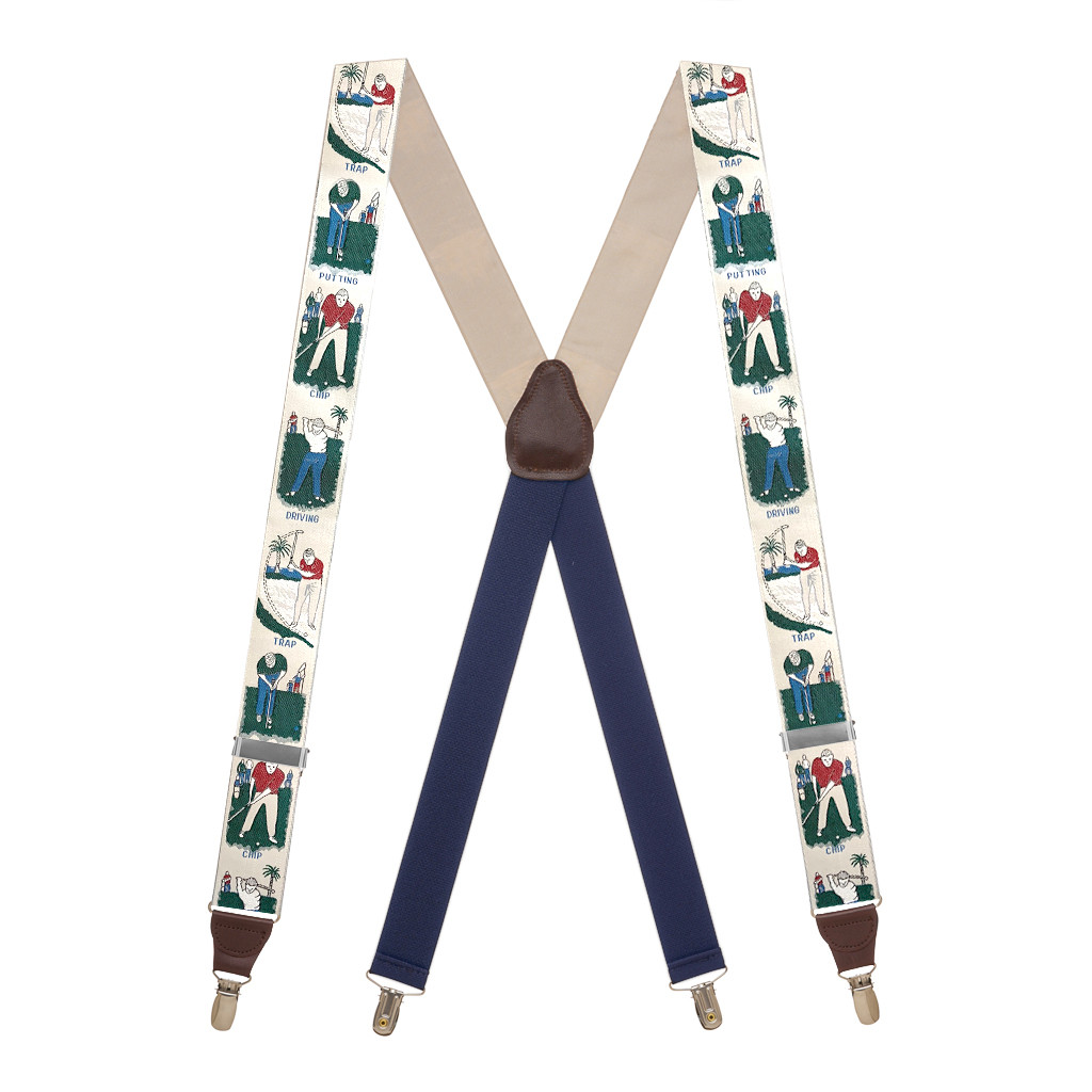 Vintage Ribbon Conversational Suspenders in Golf Talk Pattern - Full View