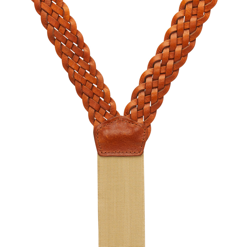 TAN Handwoven Braided Leather Suspenders - 1 Inch Wide Button