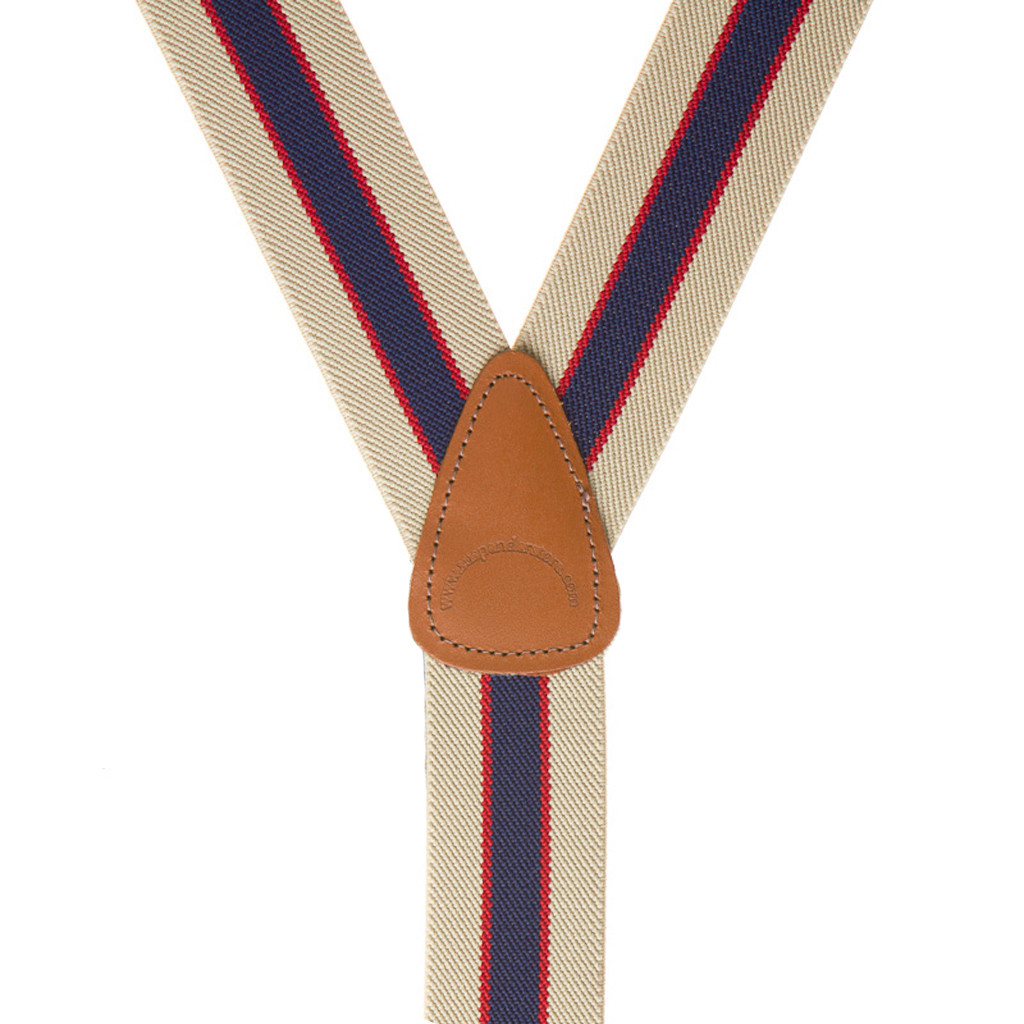 Khaki/Navy Striped Pin Clip Suspenders - Rear View