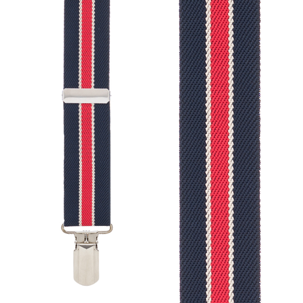 Striped PIN CLIP Suspenders in Navy/Red - Front View