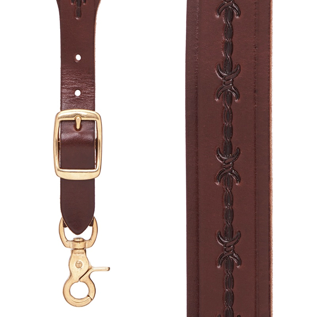 Barbed Wire Western Leather Suspenders in Brown - Front View