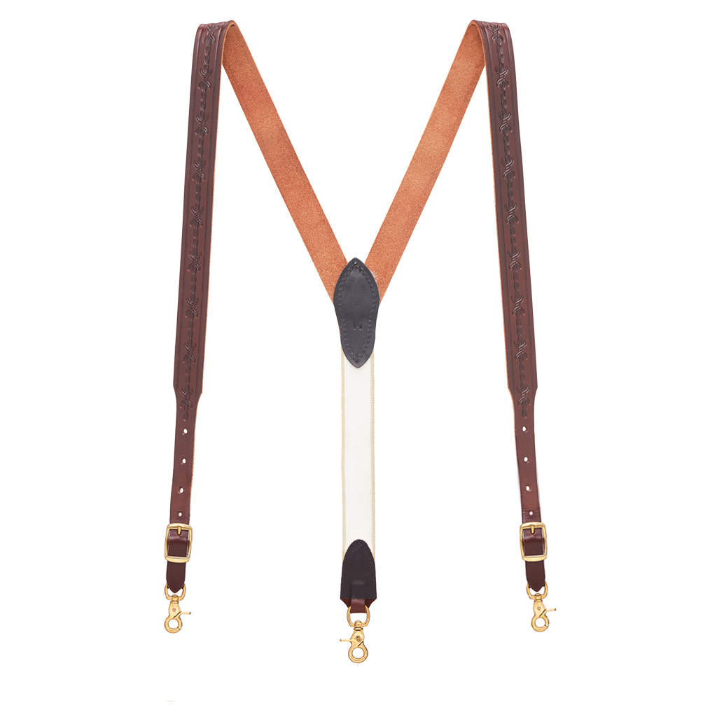 Barbed Wire Western Leather Suspenders in Brown - Full View