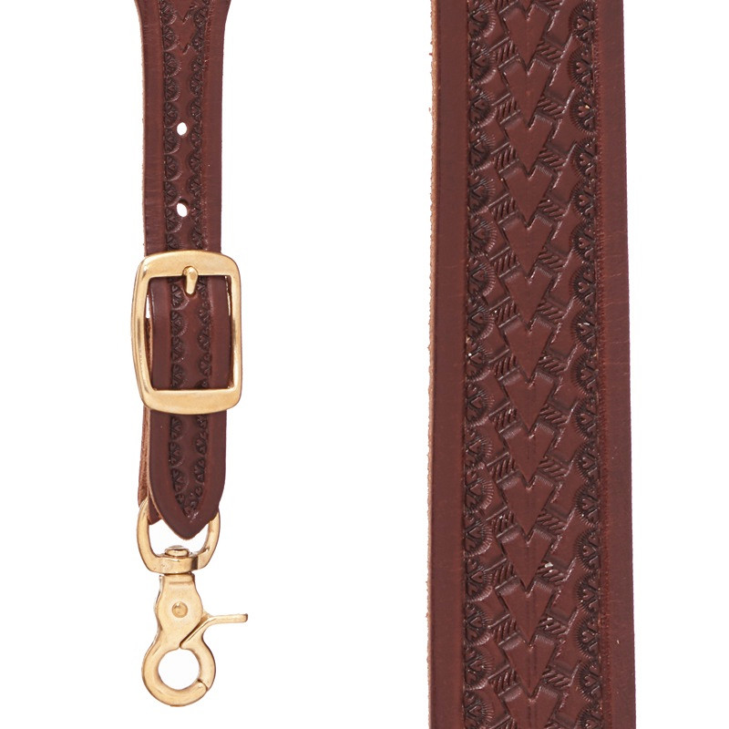 Basket Stamped Western Leather Suspenders in Brown - Front View