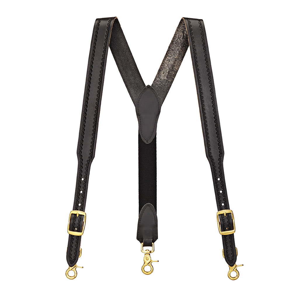 Border Stamped Western Leather Suspenders in Black - Full View