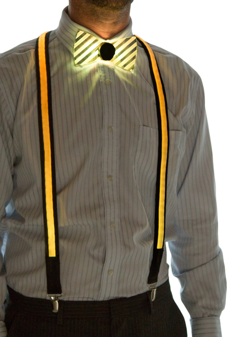 light blue suspenders and bow tie