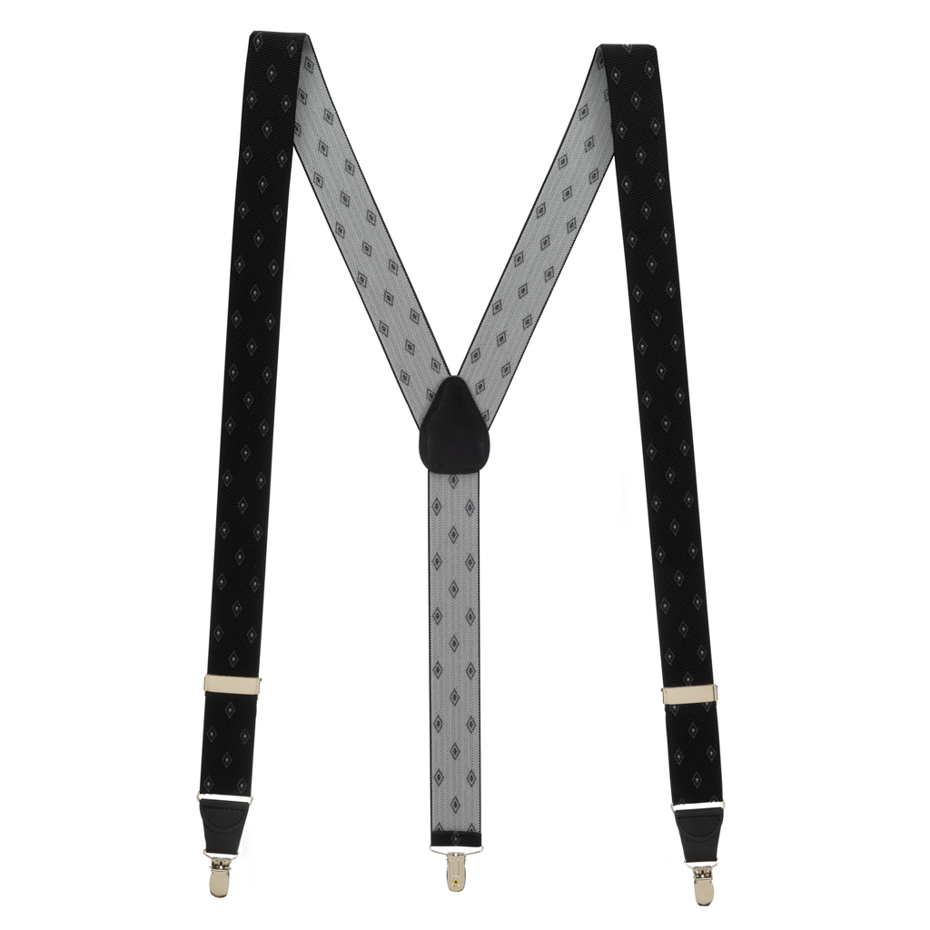 Jacquard Woven Diamond Drop Clip Suspenders in Black - Full View
