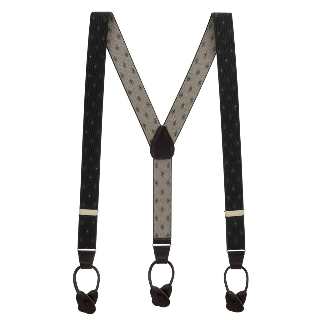 Jacquard Woven Diamond Suspenders in Olive - Full View