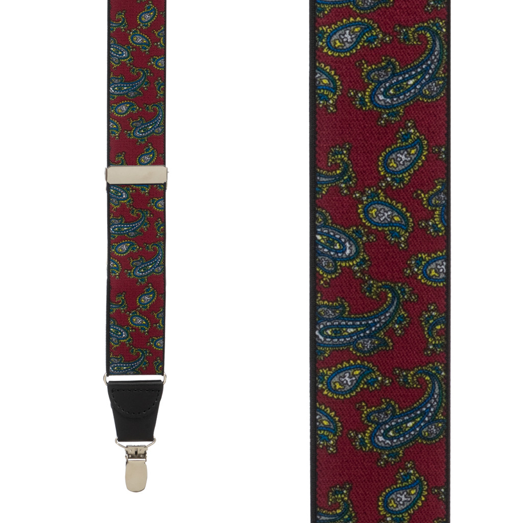 Paisley Drop Clip Suspenders in Burgundy - Front View