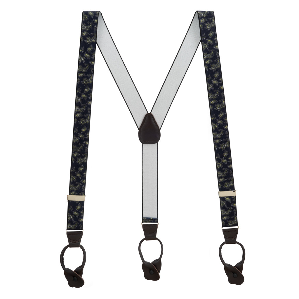 Paisley Button Suspenders in Navy Blue - Full View