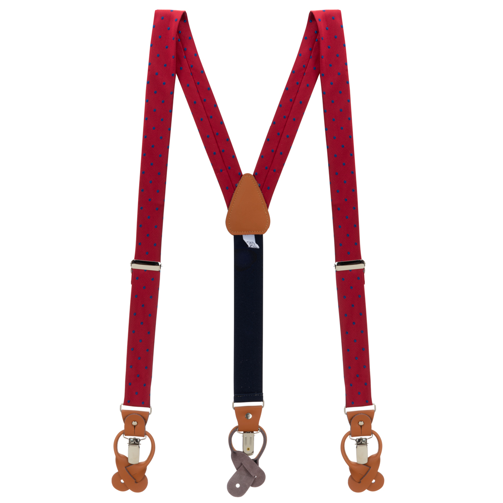 Polka Dot Convertible Suspenders in Red with Navy - Full View