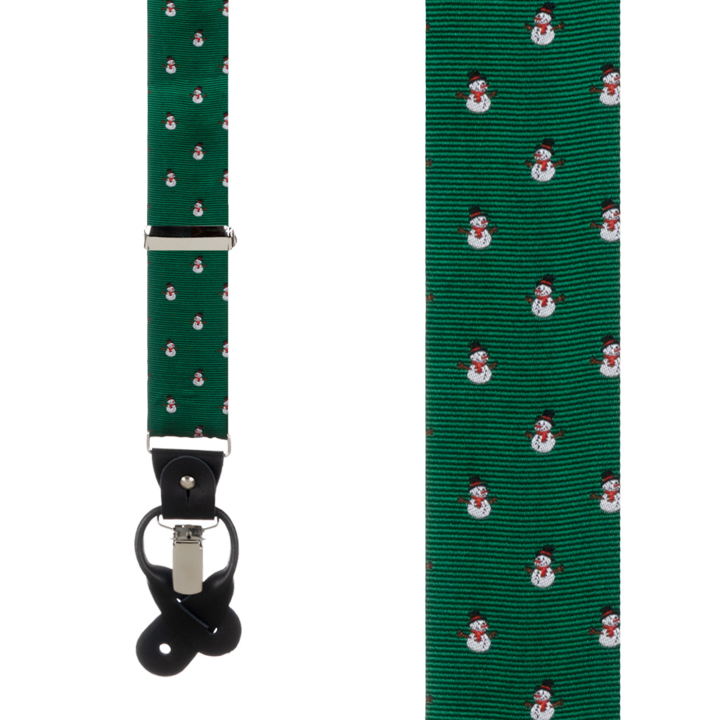 Snowmen on Green Convertible Suspenders - Front View