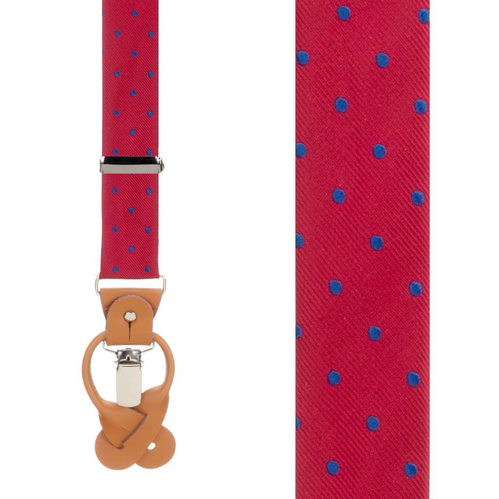 Red & Navy Polka Dot Suspenders - Front View