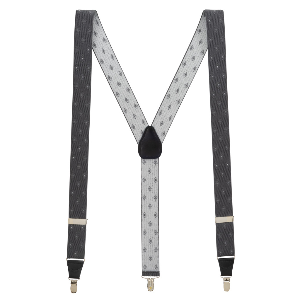 Jacquard Woven Diamond Suspenders in Grey - Full View