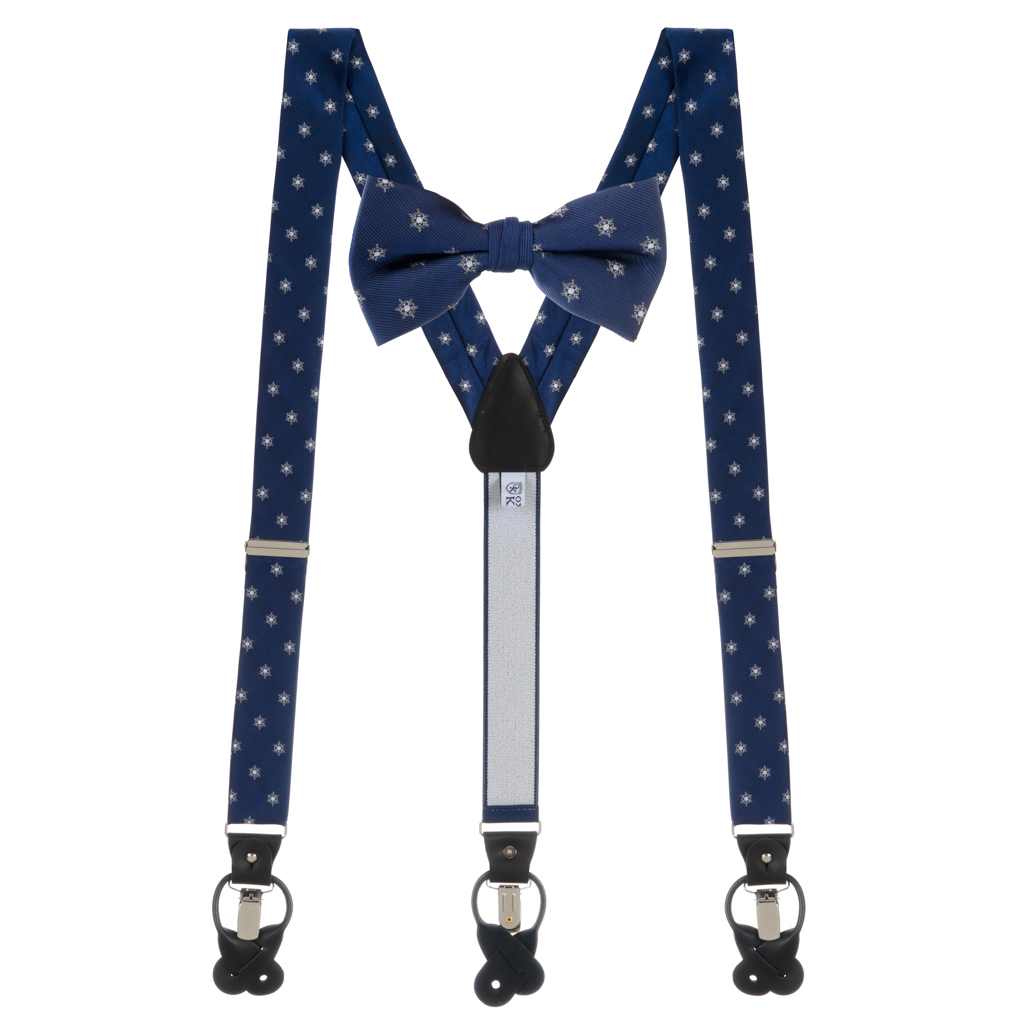 Bow Tie and Suspenders Set in Navy Snowflake