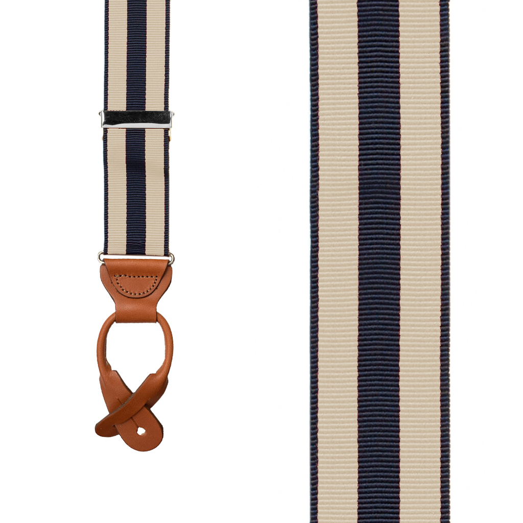 Tan/Navy Striped Grosgrain Button Suspenders - Front View