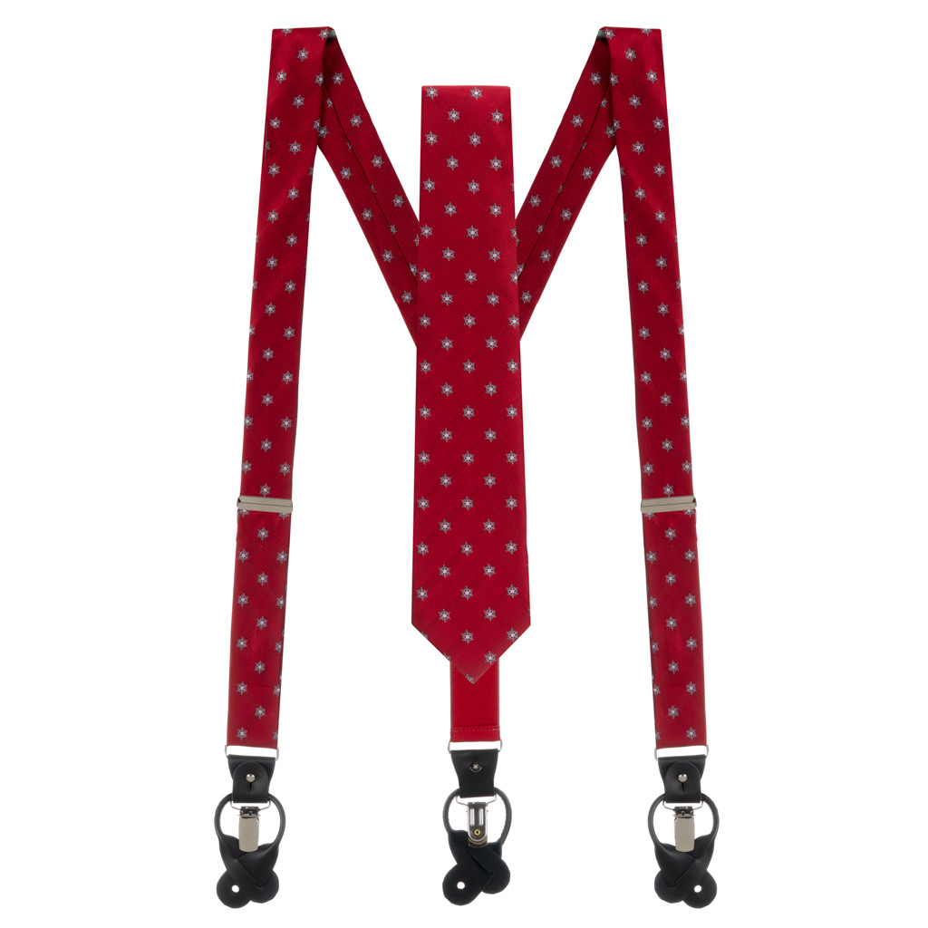 Necktie and Suspenders Set in Red Snowflake