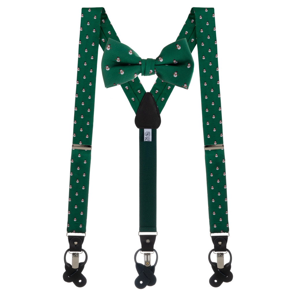 Bow Tie and Suspenders Set in Snowmen on Green