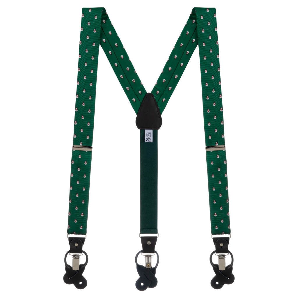 Suspenders in Snowmen on Green Pattern - Full View