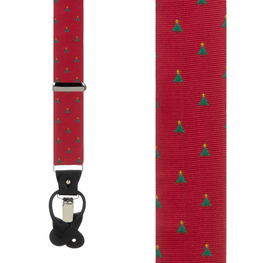 Suspenders in Christmas Tree on Red Pattern - Front View