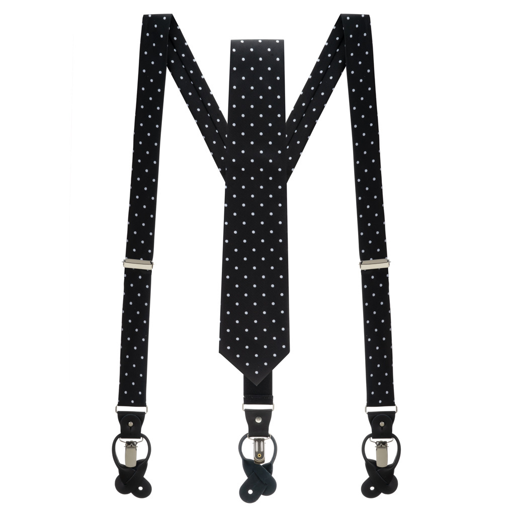 Necktie and Suspender Set in Black & White Polka Dot Pattern