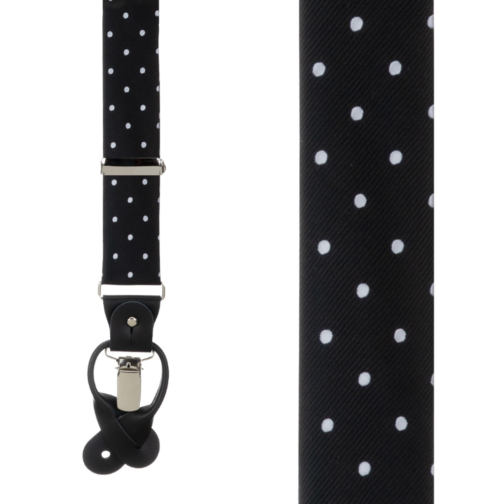 Twill Suspenders in Black & White Polka Dot Pattern - Front View