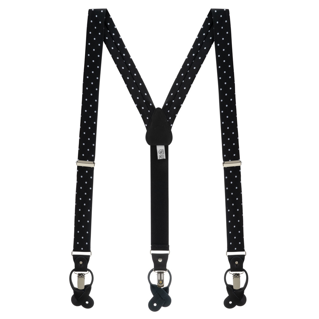 Twill Suspenders in Black & White Polka Dot Pattern - Full View