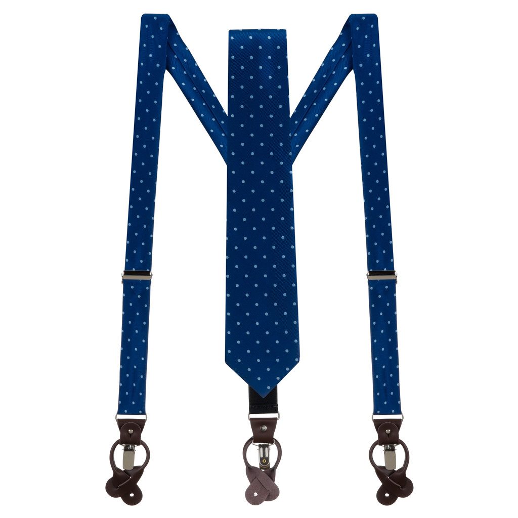 Necktie and Suspender Set in Navy & Copenhagen Polka Dot Pattern