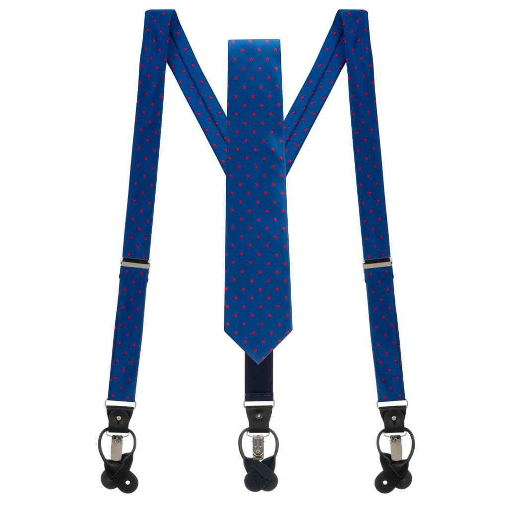 Necktie and Suspender Set in Navy & Red Polka Dot Pattern