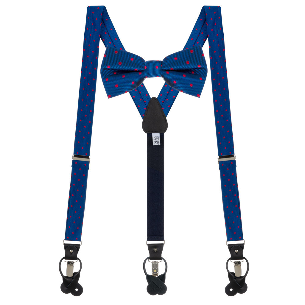 Bow Tie and Suspender Set in Navy & Red Polka Dot Pattern