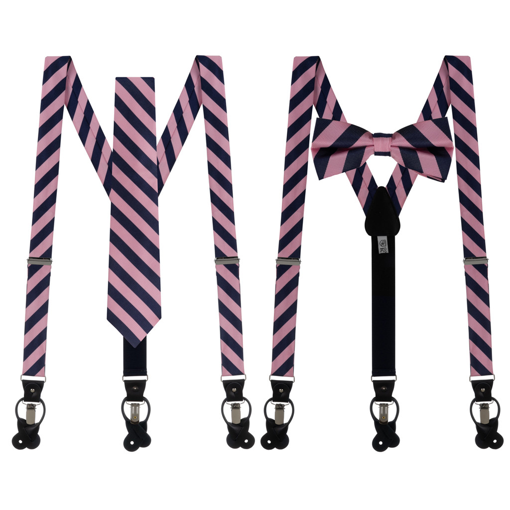 Tie and Suspenders Sets in Pink & Navy Bold Stripe - Both Options